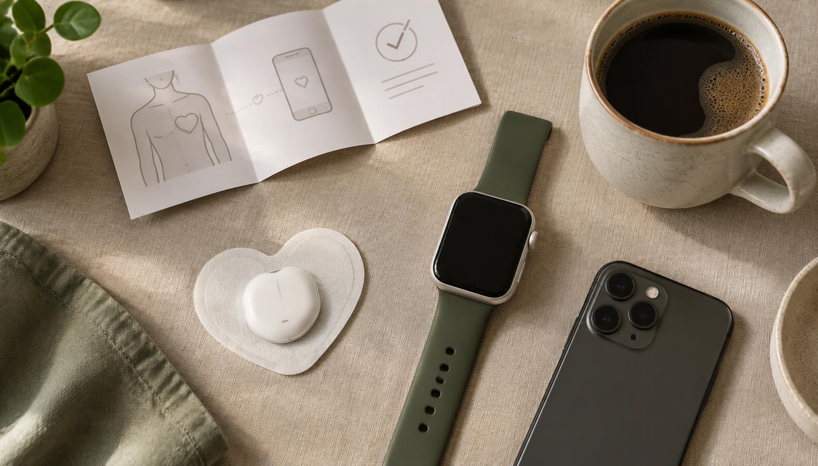 Heart sensor patch, smartwatch, phone and guide on a linen table